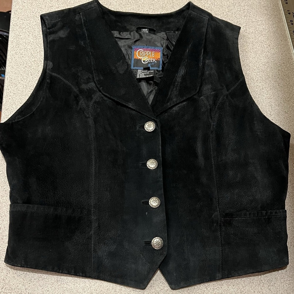 Cripple Creek Vtg 90s Western Americana Suede Leather Vest XL Collar Metal Butto